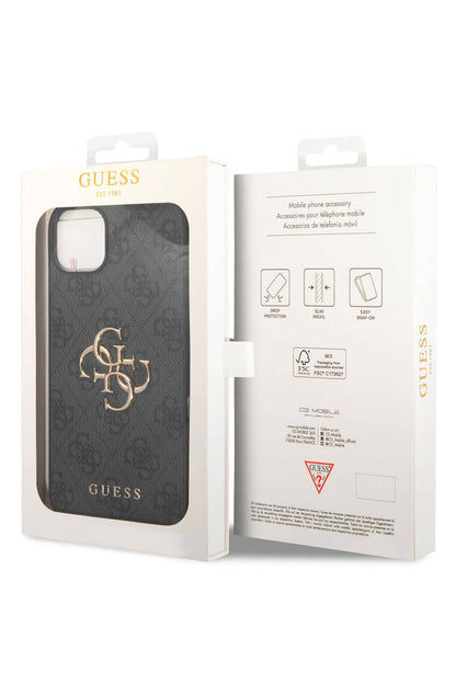 Guess iPhone 14 Uyumlu 4G Logolu Deri Kılıf Gri