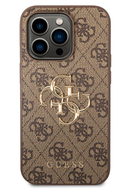 Guess iPhone 14 Pro Uyumlu 4G Logolu Deri Kılıf Kahverengi
