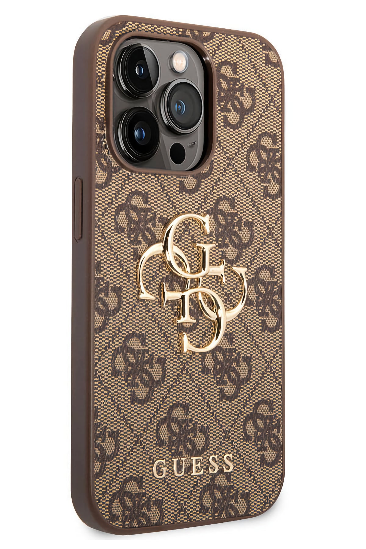 Guess iPhone 14 Pro Uyumlu 4G Logolu Deri Kılıf Kahverengi