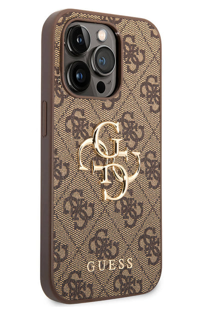 Guess iPhone 14 Pro Uyumlu 4G Logolu Deri Kılıf Kahverengi