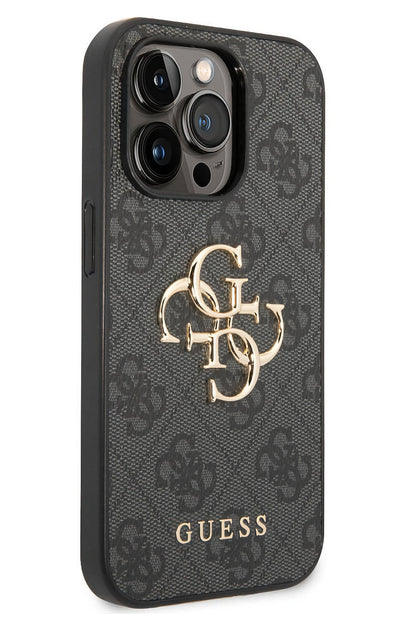 Guess iPhone 14 Pro Uyumlu 4G Logolu Deri Kılıf Gri