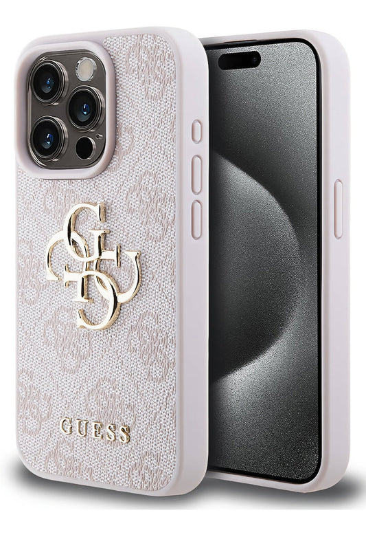 Guess iPhone 14 Pro Max Uyumlu 4G Logolu Deri Kılıf Pembe