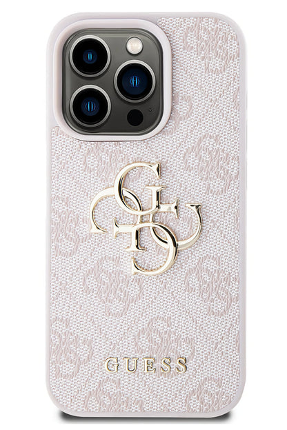 Guess iPhone 14 Pro Max Uyumlu 4G Logolu Deri Kılıf Pembe