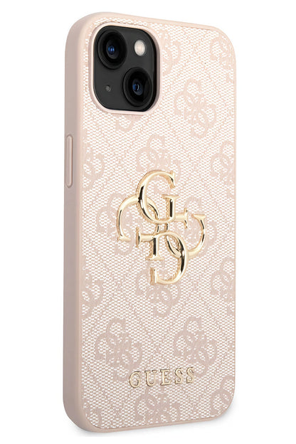 Guess iPhone 14 Uyumlu 4G Logolu Deri Kılıf Pembe