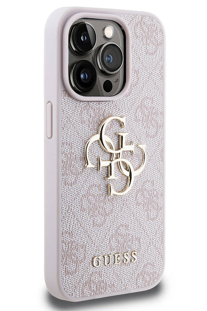Guess iPhone 14 Pro Uyumlu 4G Logolu Deri Kılıf Pembe