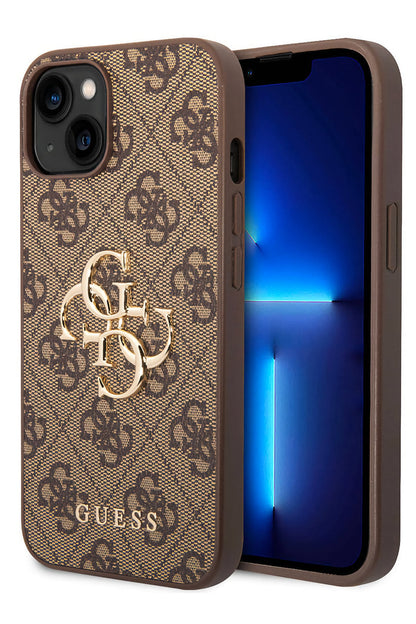 Guess iPhone 15 Uyumlu 4G Logolu Deri Kılıf Kahverengi
