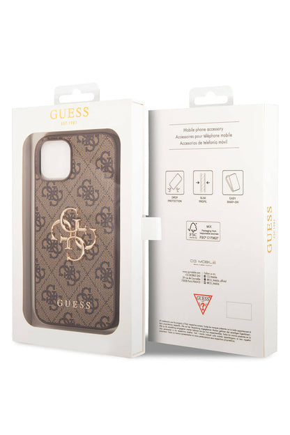 Guess iPhone 15 Uyumlu 4G Logolu Deri Kılıf Kahverengi