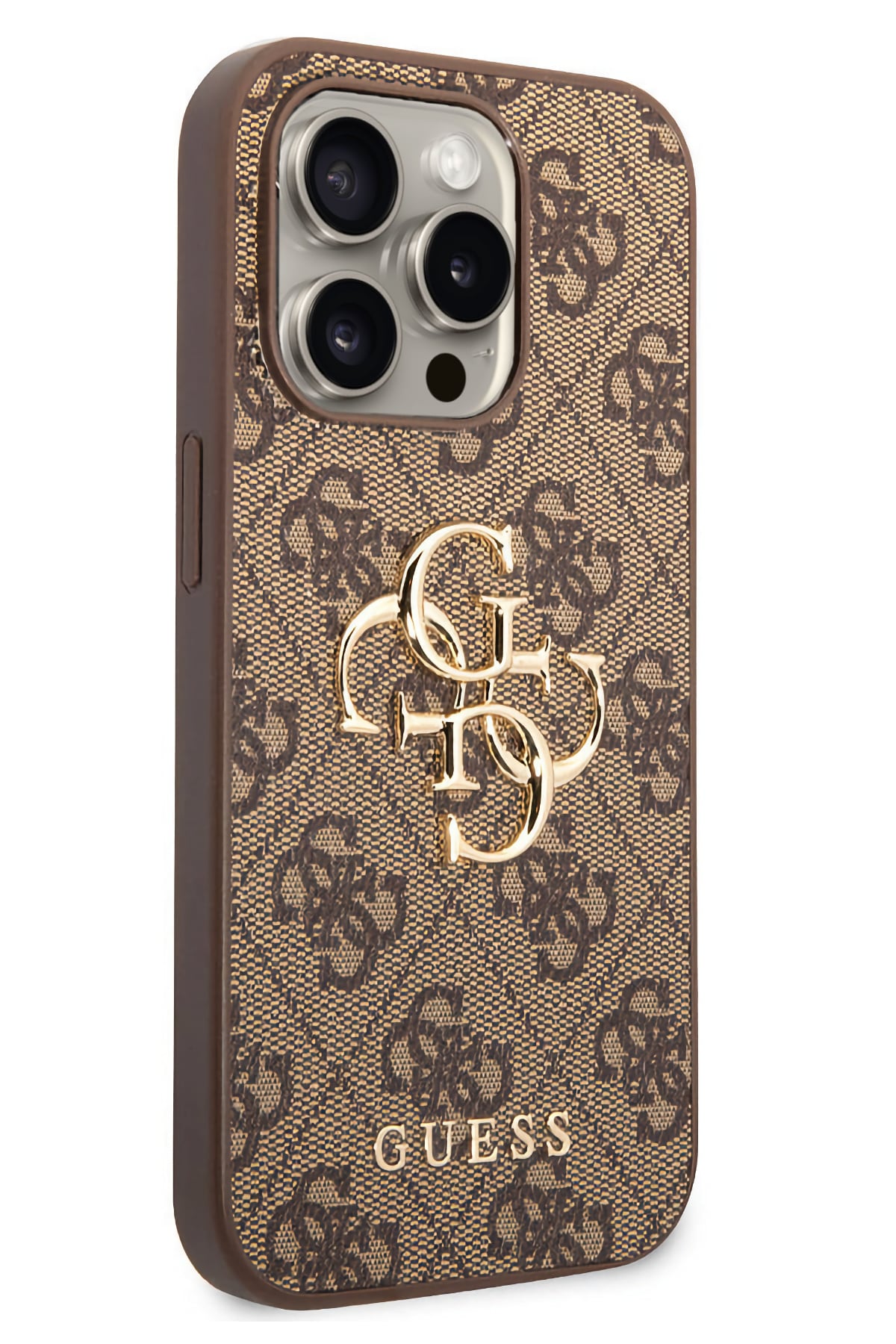 Guess iPhone 15 Pro Uyumlu 4G Logolu Deri Kılıf Kahverengi