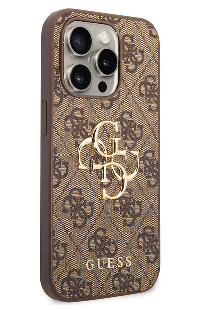 Guess iPhone 15 Pro Uyumlu 4G Logolu Deri Kılıf Kahverengi