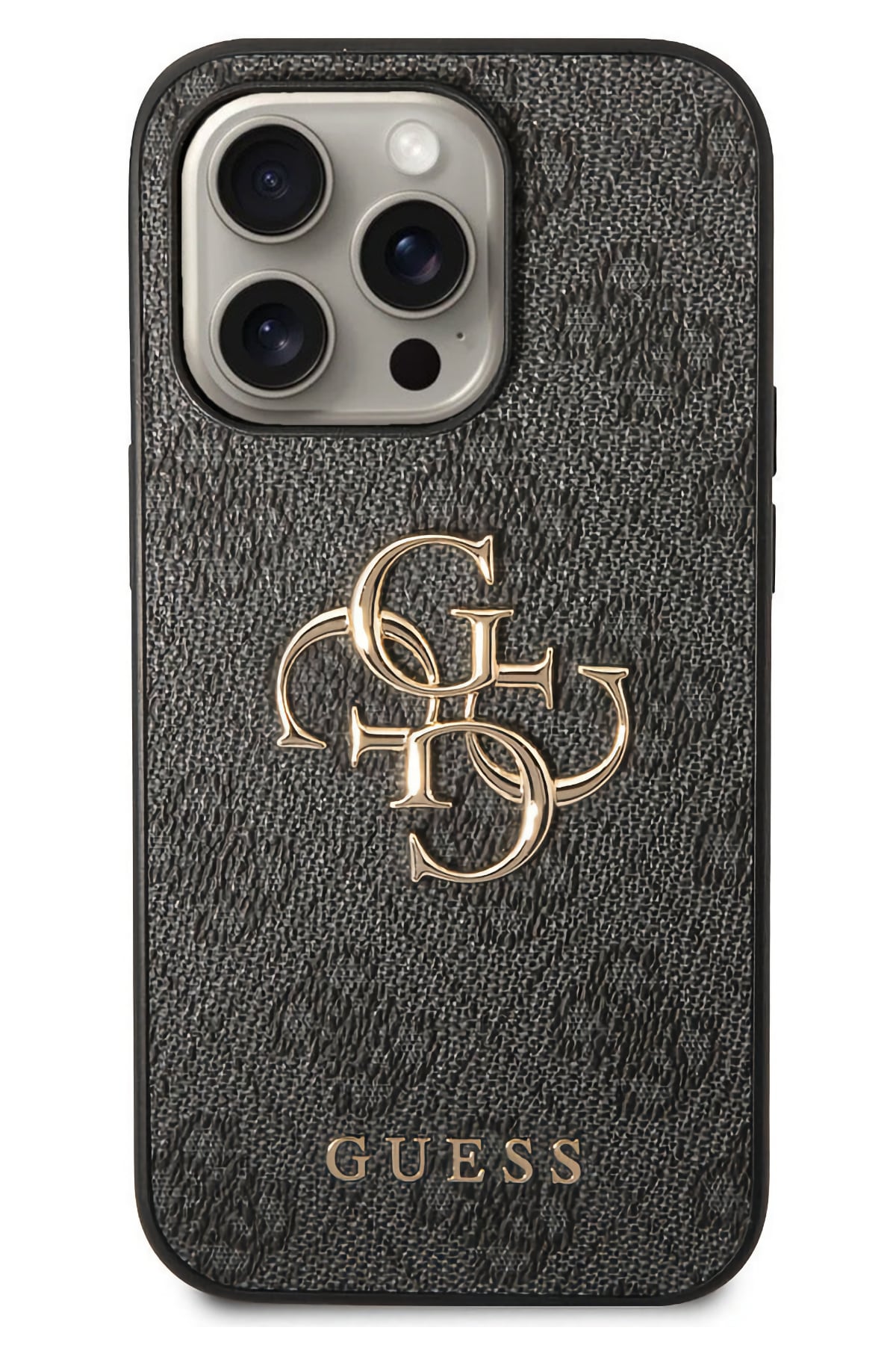 Guess iPhone 15 Pro Uyumlu 4G Logolu Deri Kılıf Gri