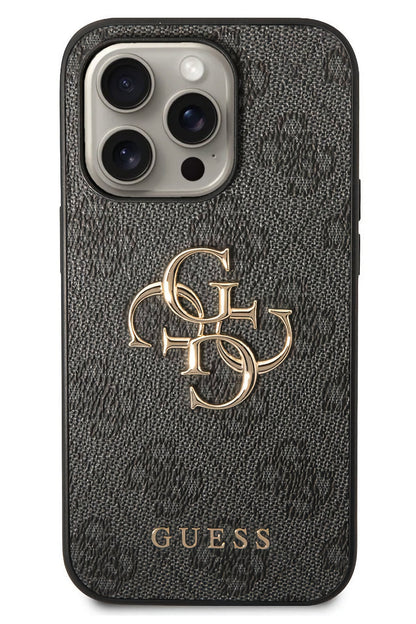 Guess iPhone 15 Pro Uyumlu 4G Logolu Deri Kılıf Gri