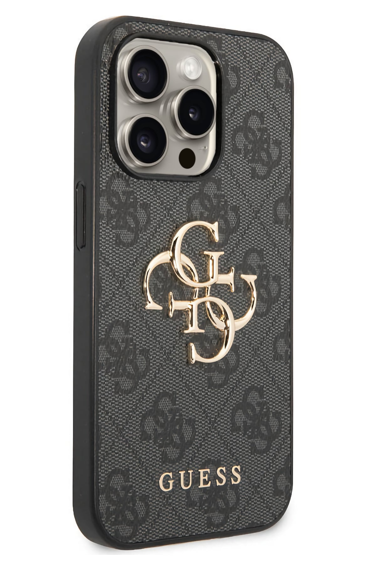 Guess iPhone 15 Pro Uyumlu 4G Logolu Deri Kılıf Gri