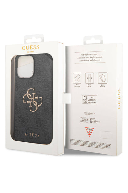 Guess iPhone 15 Pro Uyumlu 4G Logolu Deri Kılıf Gri