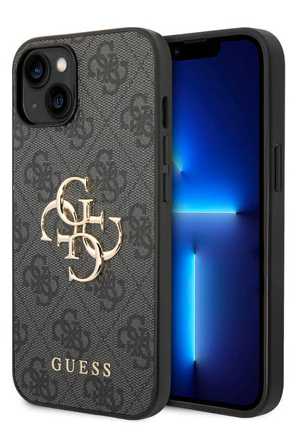 Guess iPhone 15 Plus Uyumlu 4G Logolu Deri Kılıf Gri