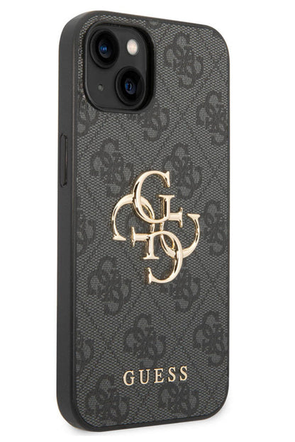 Guess iPhone 15 Plus Uyumlu 4G Logolu Deri Kılıf Gri