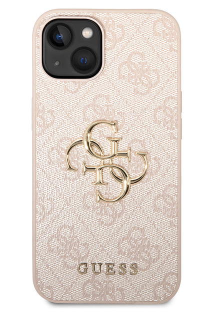 Guess iPhone 15 Plus Uyumlu 4G Logolu Deri Kılıf Pembe