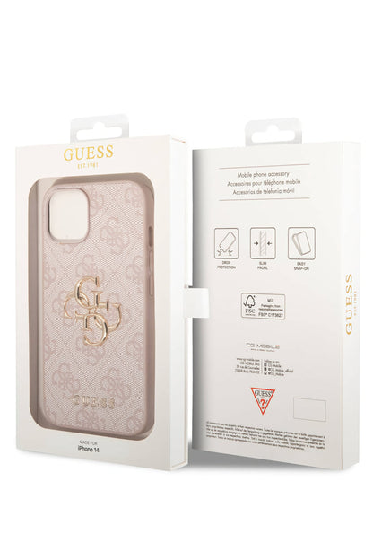 Guess iPhone 15 Plus Uyumlu 4G Logolu Deri Kılıf Pembe