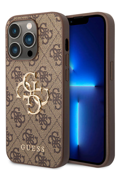 Guess iPhone 15 Pro Max Uyumlu 4G Logolu Deri Kılıf Kahverengi
