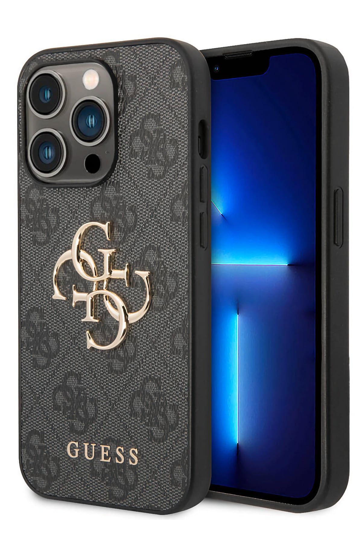Guess iPhone 15 Pro Max Uyumlu 4G Logolu Deri Kılıf Gri