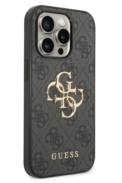 Guess iPhone 15 Pro Max Uyumlu 4G Logolu Deri Kılıf Gri