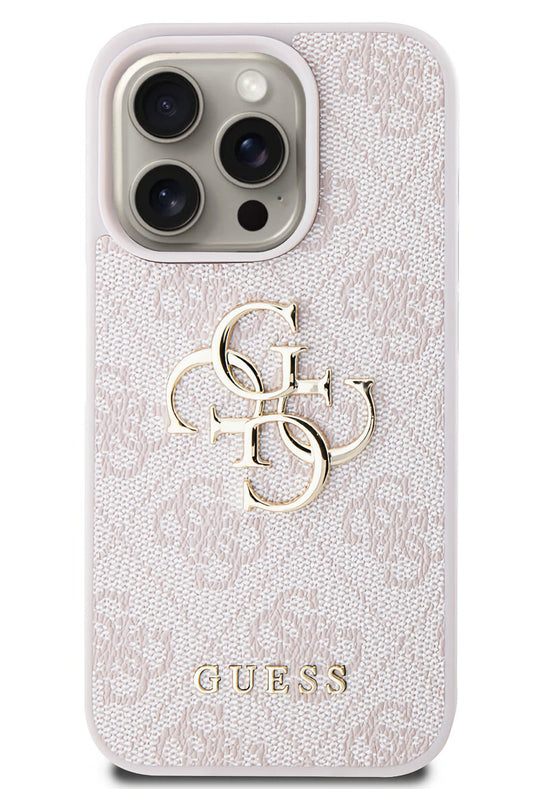 Guess iPhone 15 Pro Max Uyumlu 4G Logolu Deri Kılıf Pembe