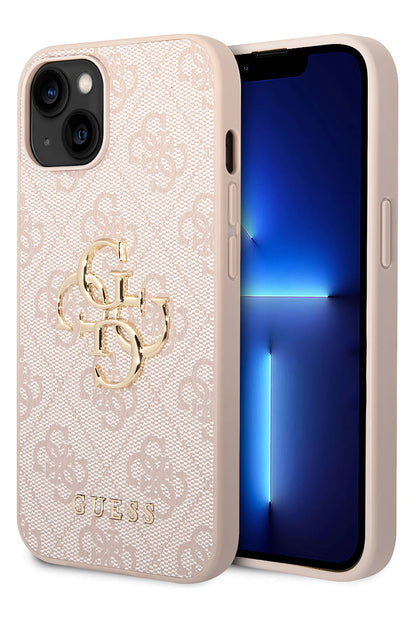 Guess iPhone 15 Uyumlu 4G Logolu Deri Kılıf Pembe