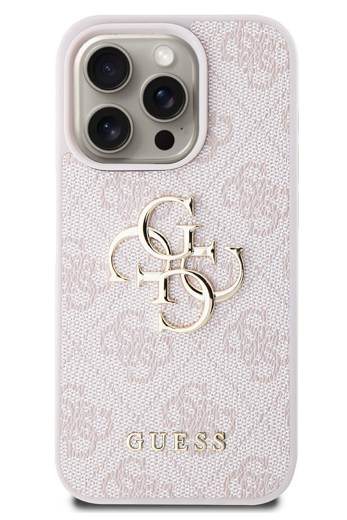 Guess iPhone 15 Pro Uyumlu 4G Logolu Deri Kılıf Pembe