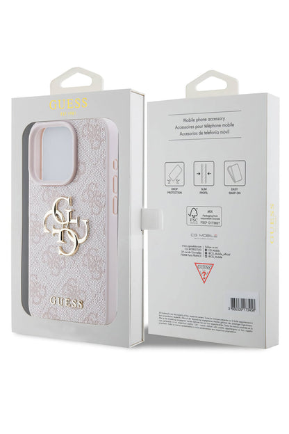 Guess iPhone 15 Pro Uyumlu 4G Logolu Deri Kılıf Pembe