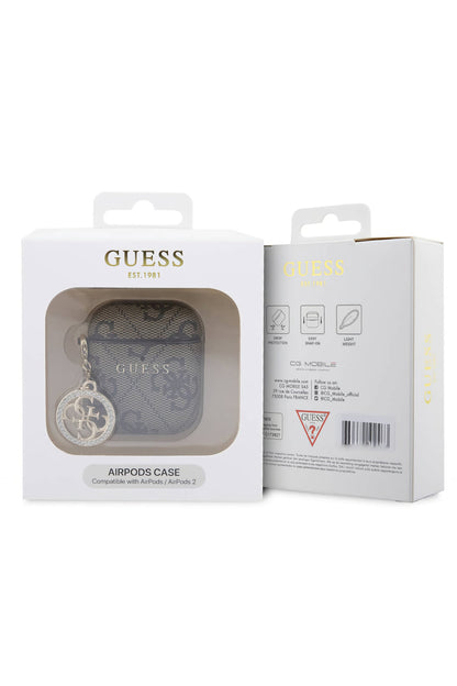 Guess Apple Airpods 2. Nesil Uyumlu Kılıf 4G Taşlı Süs Zincirli Kahverengi