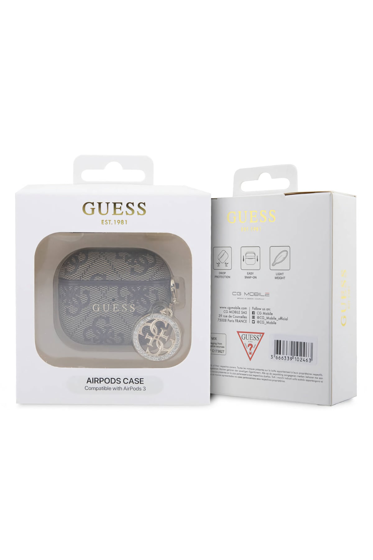 Guess Apple Airpods 3. Nesil Uyumlu Kılıf 4G Taşlı Süs Zincirli Kahverengi