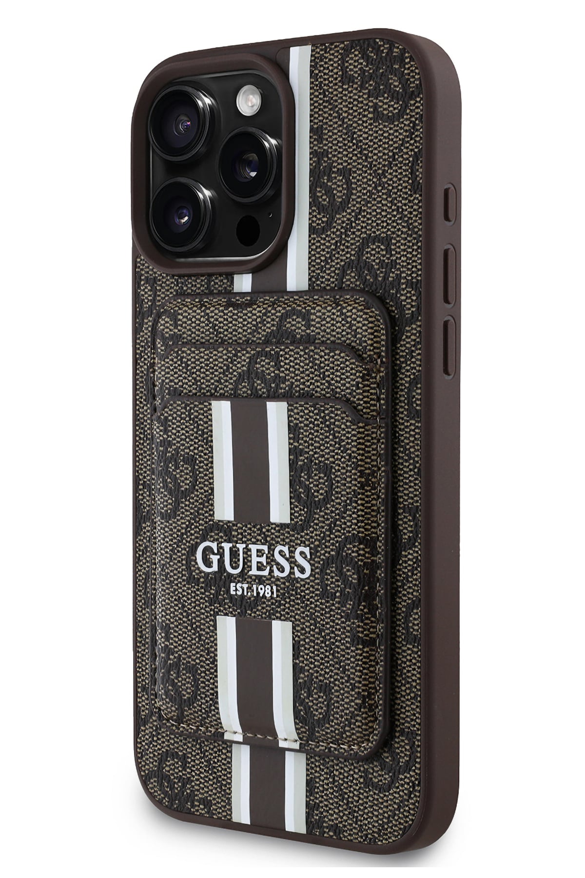 Guess Classic 4G Desenli iPhone 16 Pro Magsafe Uyumlu Kredi Kartlıklı Kılıf Kahverengi