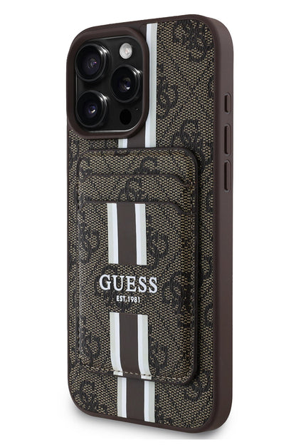 Guess Classic 4G Desenli iPhone 16 Pro Magsafe Uyumlu Kredi Kartlıklı Kılıf Kahverengi
