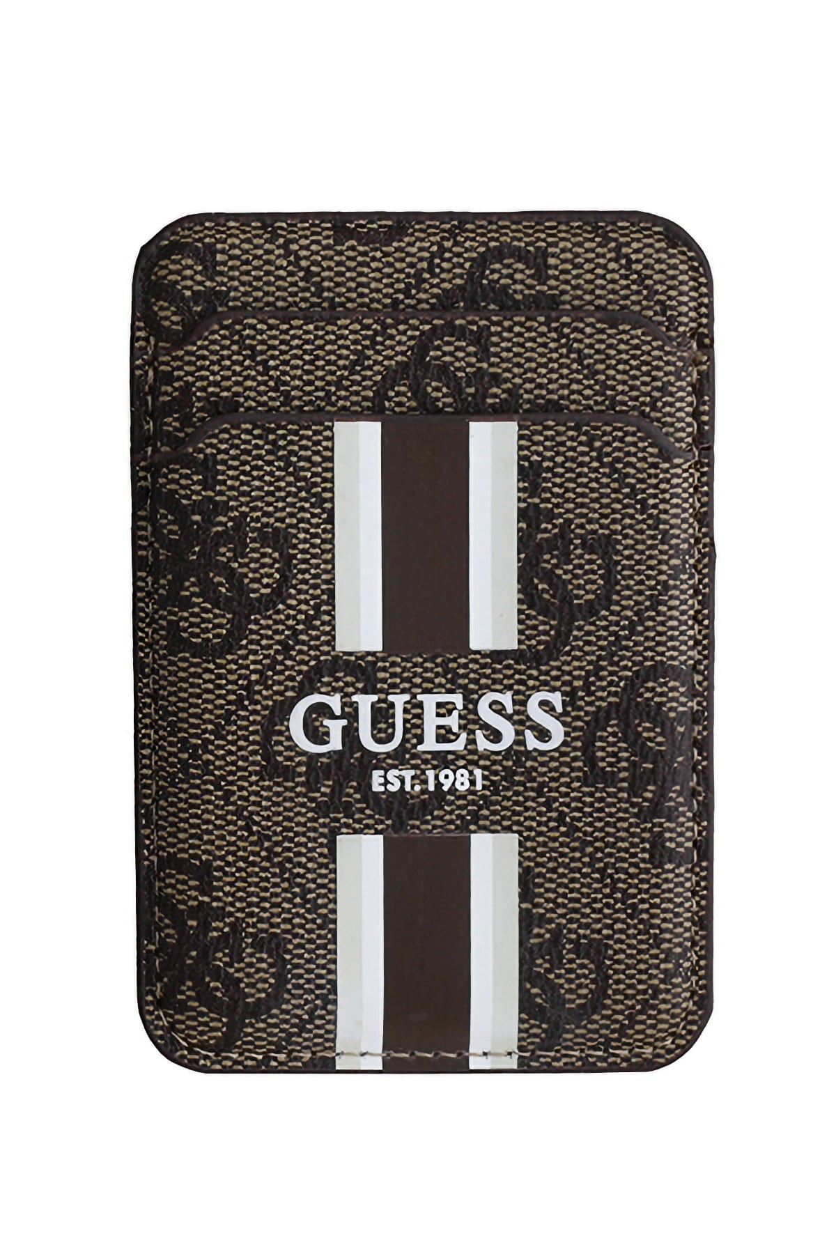 Guess Classic 4G Desenli iPhone 16 Pro Magsafe Uyumlu Kredi Kartlıklı Kılıf Kahverengi