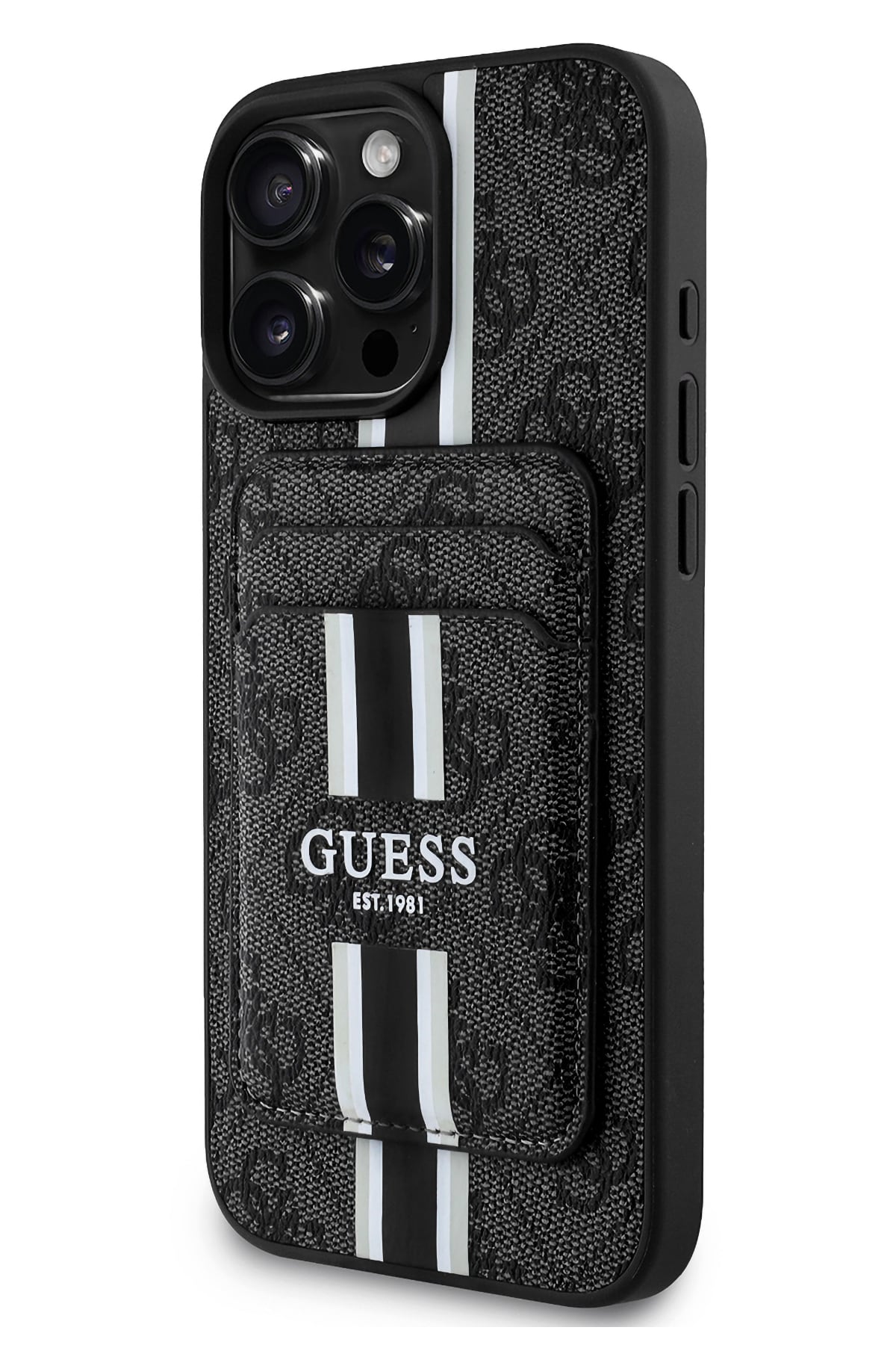 Guess Classic 4G Desenli iPhone 16 Pro Magsafe Uyumlu Kredi Kartlıklı Kılıf Siyah