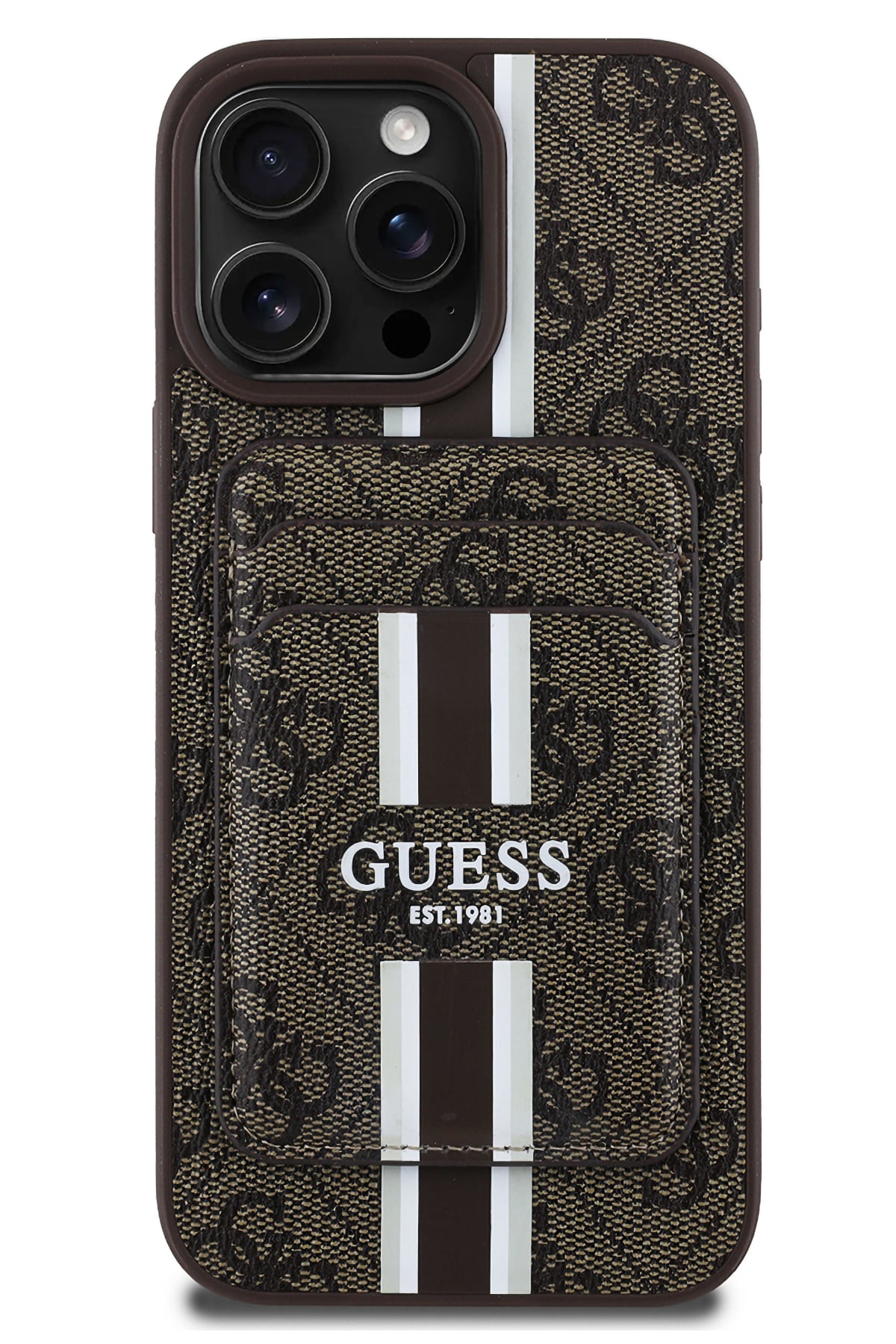 Guess Classic 4G Desenli iPhone 16 Pro Max Magsafe Uyumlu Kredi Kartlıklı Kılıf Kahverengi