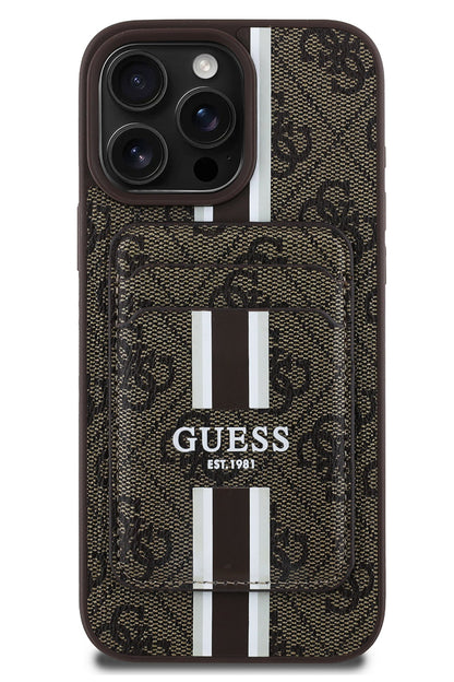 Guess Classic 4G Desenli iPhone 16 Pro Max Magsafe Uyumlu Kredi Kartlıklı Kılıf Kahverengi