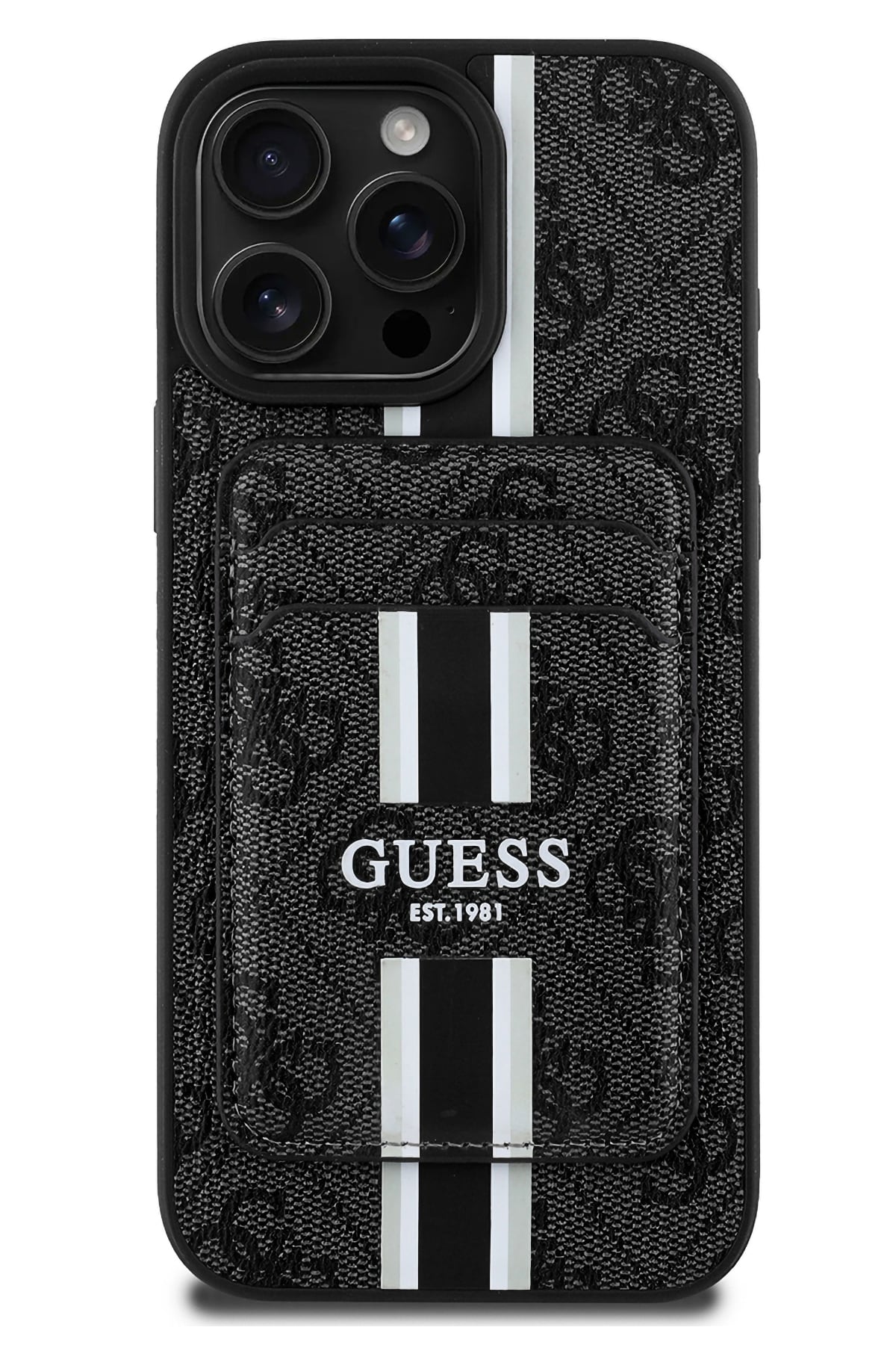 Guess Classic 4G Desenli iPhone 16 Pro Max Magsafe Uyumlu Kredi Kartlıklı Kılıf Siyah