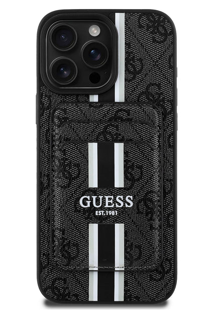 Guess Classic 4G Desenli iPhone 16 Pro Max Magsafe Uyumlu Kredi Kartlıklı Kılıf Siyah