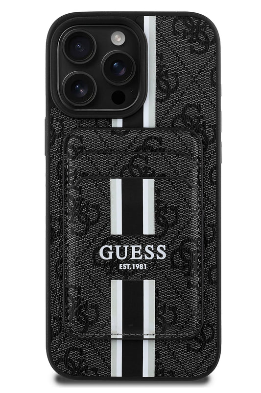 Guess Classic 4G Desenli iPhone 16 Pro Max Magsafe Uyumlu Kredi Kartlıklı Kılıf Siyah