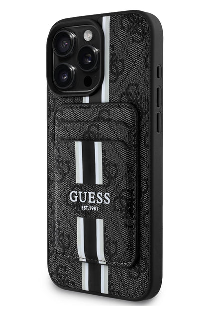 Guess Classic 4G Desenli iPhone 16 Pro Max Magsafe Uyumlu Kredi Kartlıklı Kılıf Siyah