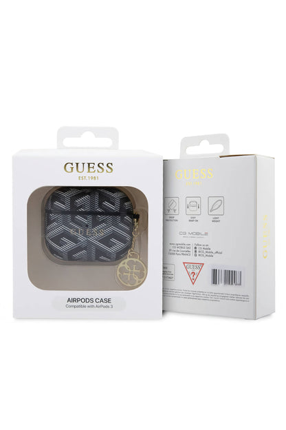 Guess Apple Airpods 3. Nesil Uyumlu Kılıf G Cube Desenli Süs Zincirli Siyah