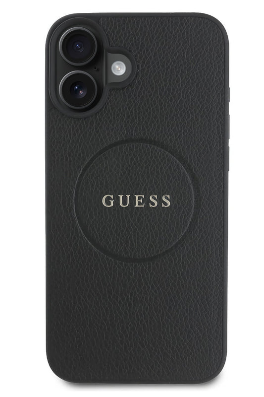 Guess Grained Yazı Logolu iPhone 16 Magsafe Uyumlu Kılıf Siyah