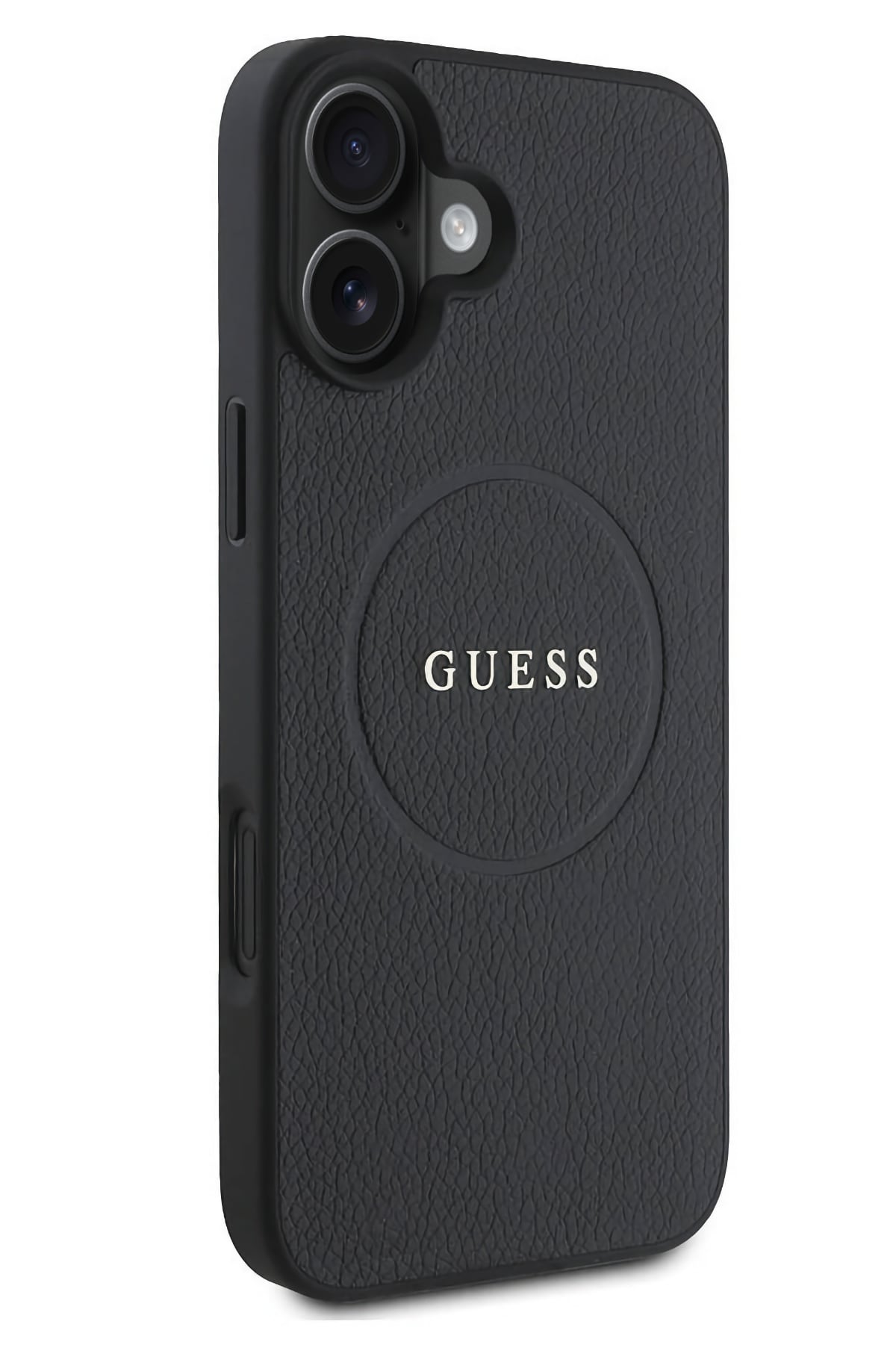 Guess Grained Yazı Logolu iPhone 16 Magsafe Uyumlu Kılıf Siyah