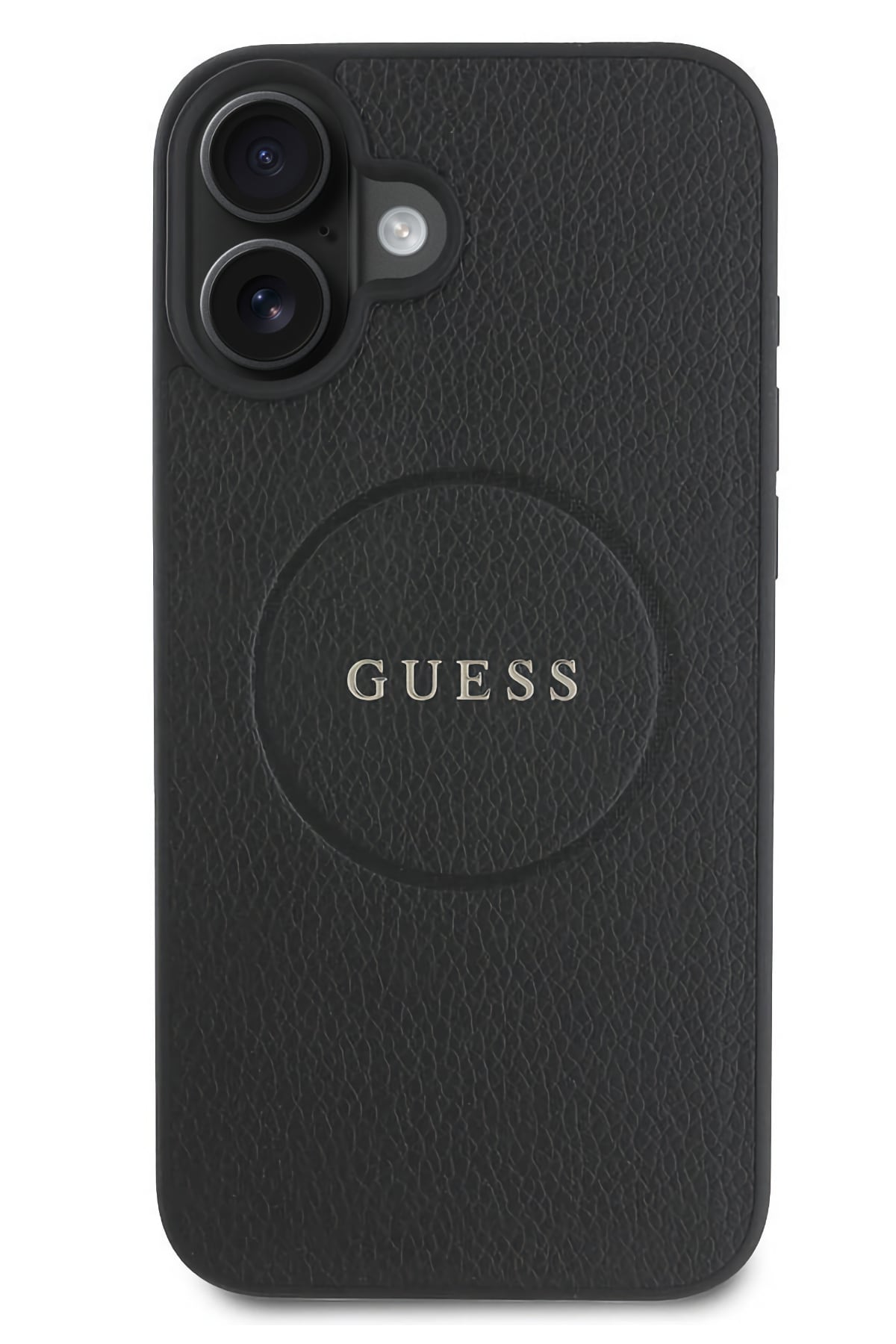 Guess Grained Yazı Logolu iPhone 16 Plus Magsafe Uyumlu Kılıf Siyah