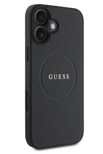 Guess Grained Yazı Logolu iPhone 16 Plus Magsafe Uyumlu Kılıf Siyah