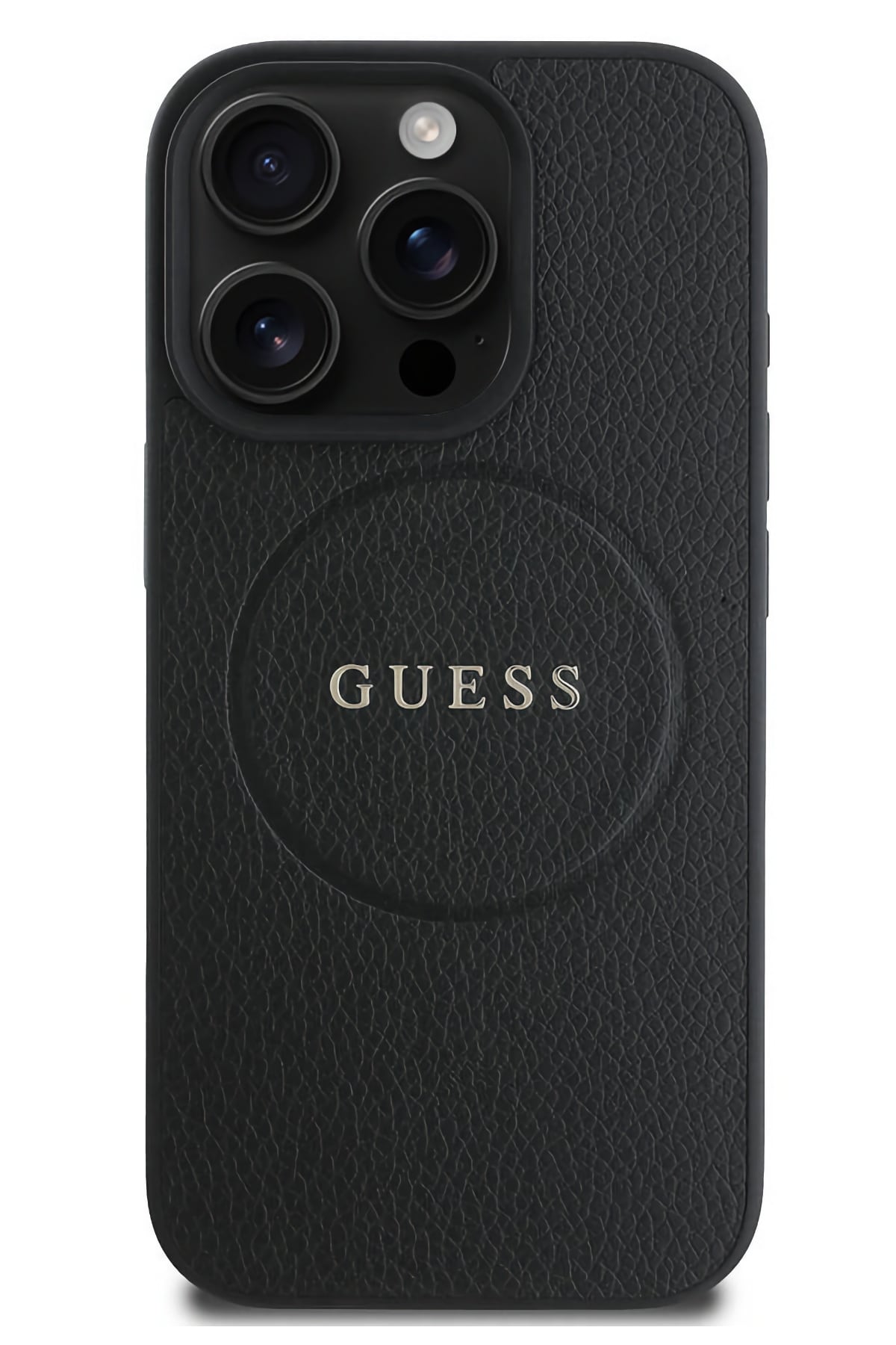 Guess Grained Yazı Logolu iPhone 16 Pro Magsafe Uyumlu Kılıf Siyah