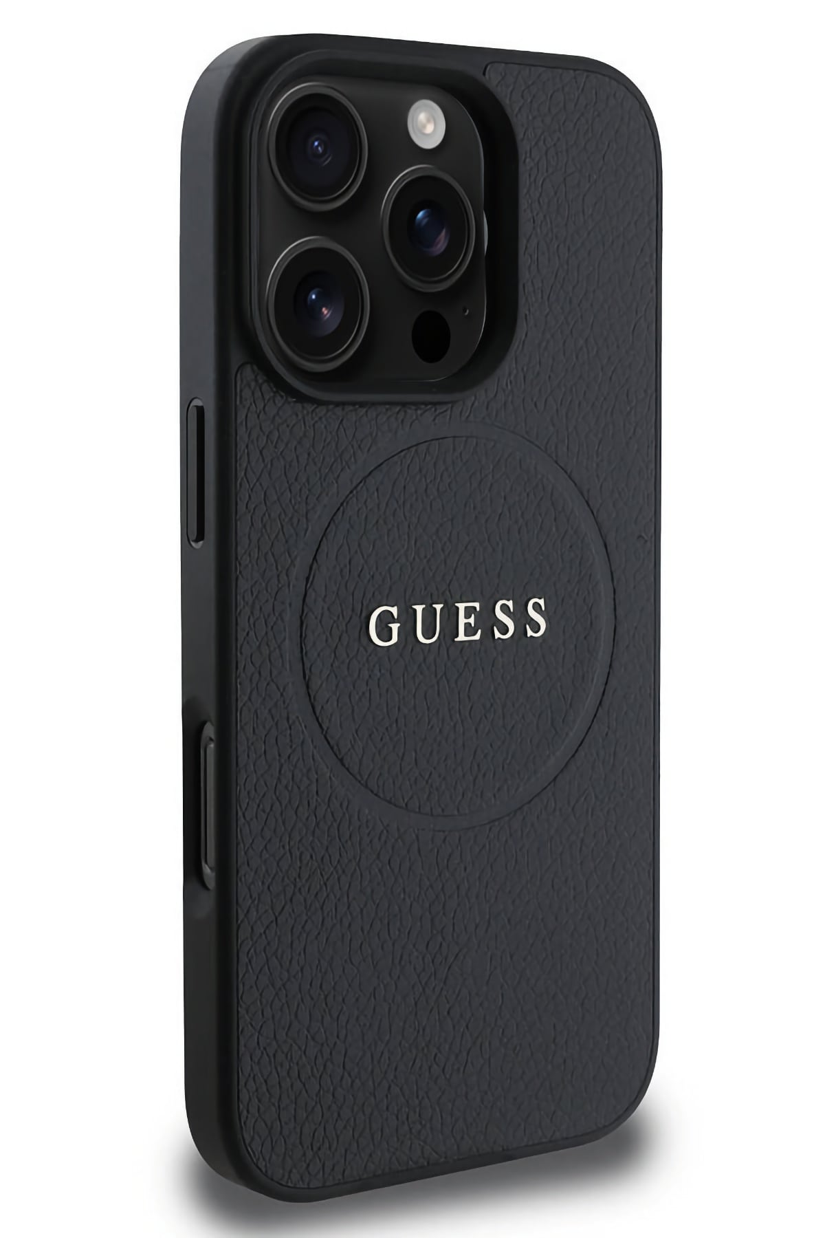 Guess Grained Yazı Logolu iPhone 16 Pro Magsafe Uyumlu Kılıf Siyah
