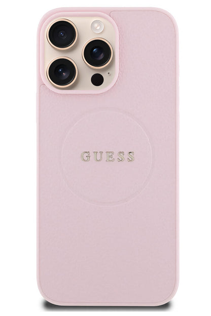 Guess Grained Yazı Logolu iPhone 16 Pro Max Magsafe Uyumlu Kılıf Pembe