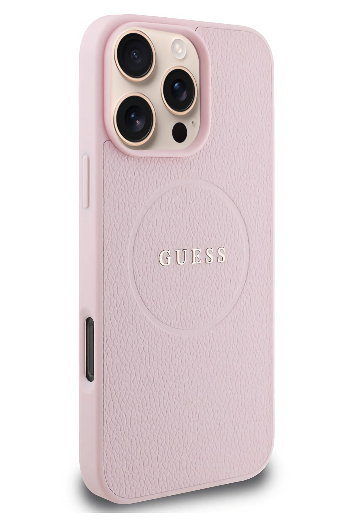 Guess Grained Yazı Logolu iPhone 16 Pro Max Magsafe Uyumlu Kılıf Pembe