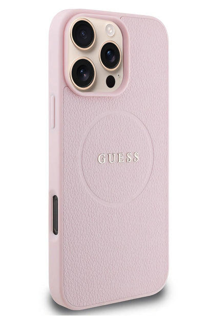Guess Grained Yazı Logolu iPhone 16 Pro Max Magsafe Uyumlu Kılıf Pembe